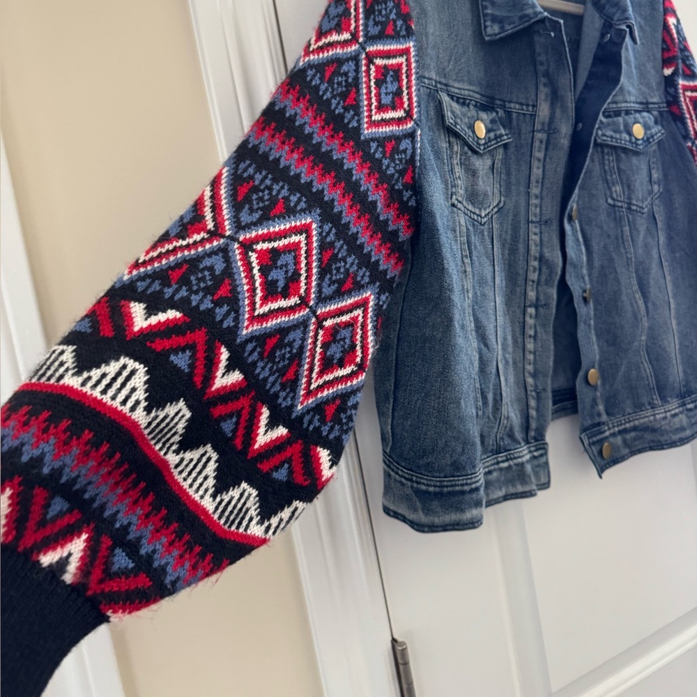 Stevie Hender Mixed Media Denim Jacket L Knit Balloon Sleeves Western Aztec Boho - Picture 3 of 10
